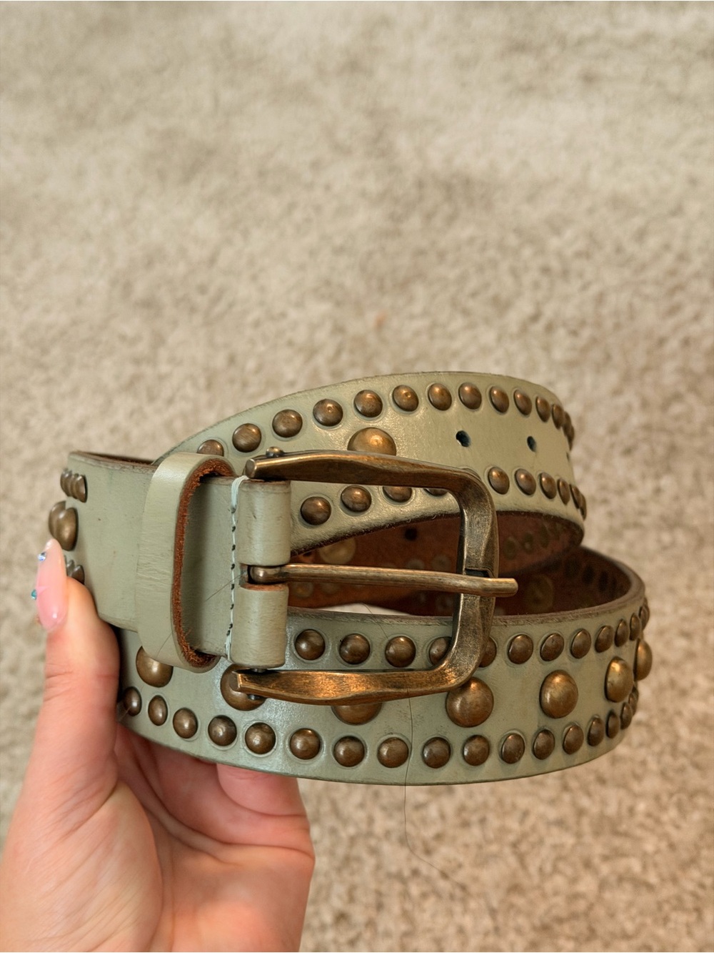 We The Free Sage Green Studded Leather Belt with Antiqued Brass Hardware
